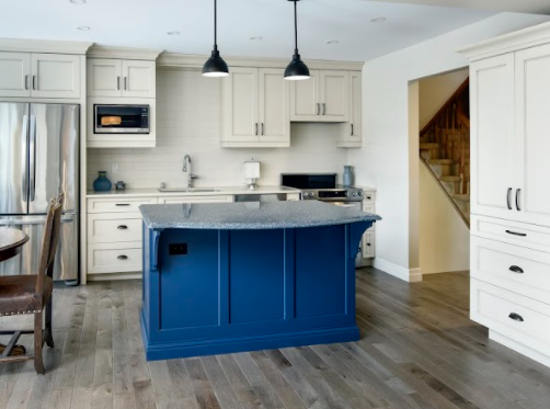 one wall kitchen with blue island