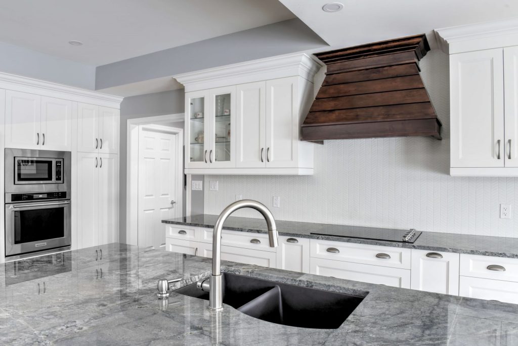 Grey granite countertop in a kitchen